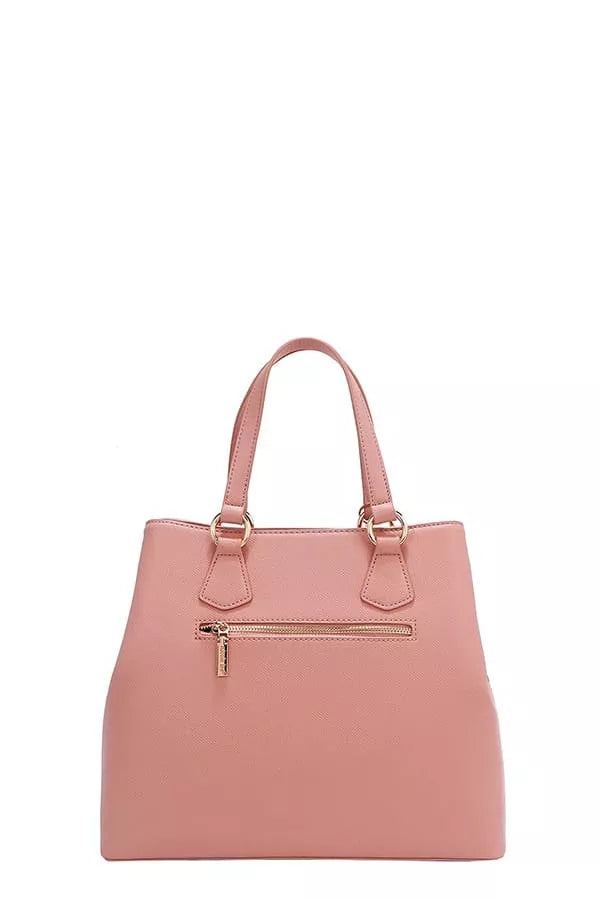 Nicole Lee USA monogram handbag in soft pink with dual handles and a zippered back pocket
