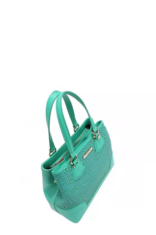 Trendsi Nicole Lee USA monogram handbag in turquoise with stylish woven design and sturdy handles