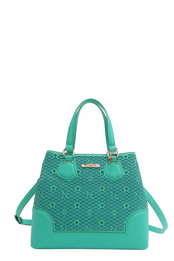 Nicole Lee USA monogram handbag in turquoise with stylish design and dual handles