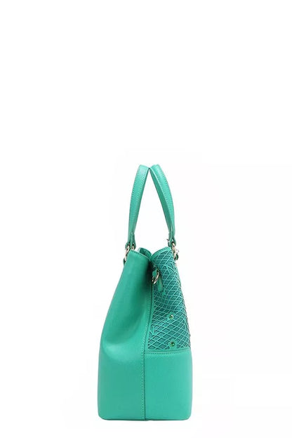 Trendy Nicole Lee USA monogram handbag in teal with stylish side design and comfortable straps