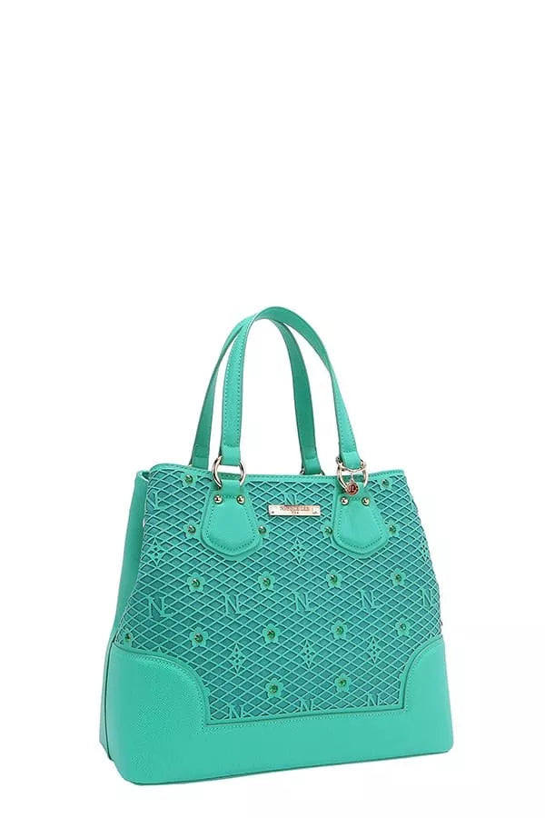 Nicole Lee USA monogram handbag in vibrant turquoise with stylish geometric design