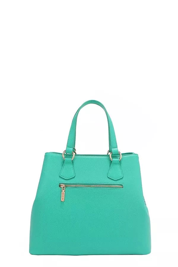 Trendy teal Nicole Lee USA monogram handbag with zippered back pocket and sturdy handles