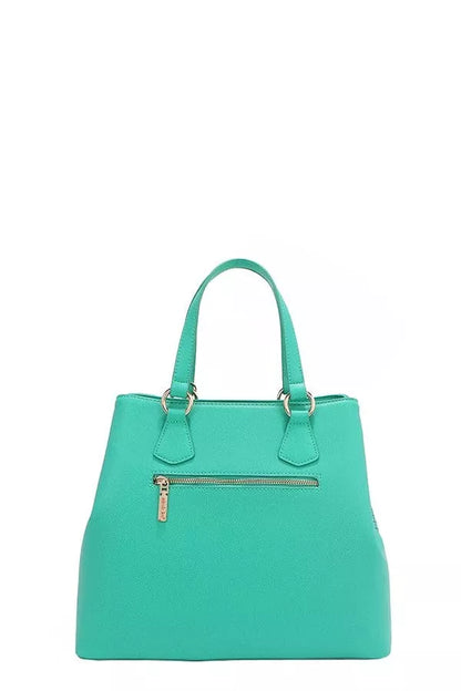 Trendy teal Nicole Lee USA monogram handbag with zippered back pocket and sturdy handles