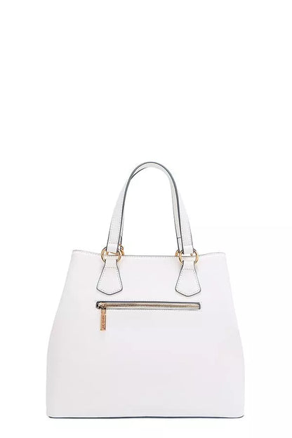 Trendy Nicole Lee USA monogram handbag in white with a stylish zipper pocket and dual handles