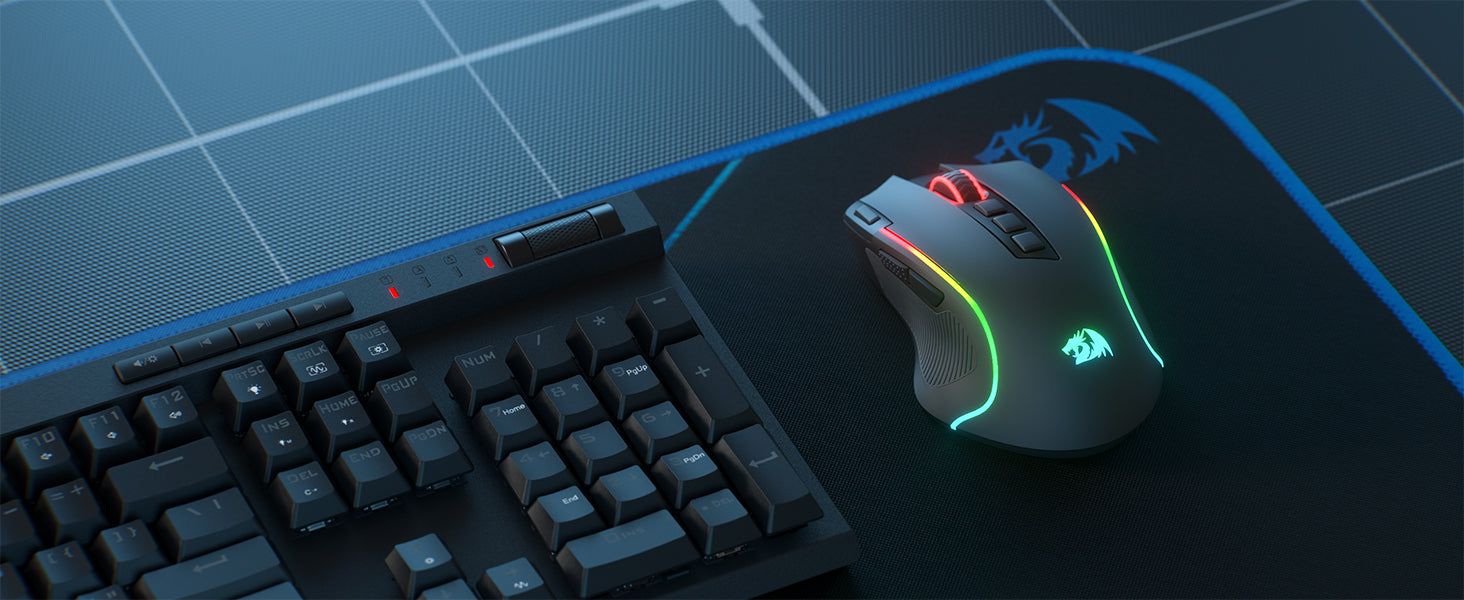 Shophouse Northwest 8000 DPI optical gaming mouse white with RGB lighting next to mechanical keyboard and mousepad