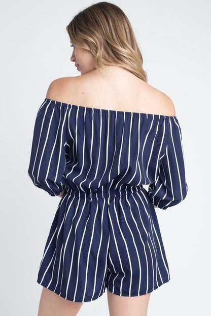 Off shoulder stripe romper for women in navy blue with white stripes and elastic waistband