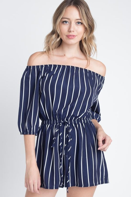 Off shoulder stripe romper for women in navy blue with white stripes and adjustable tie waist