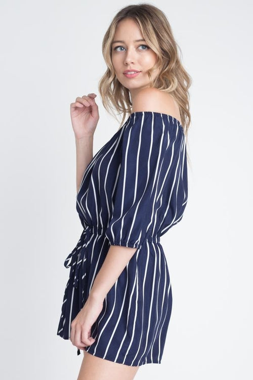 Navy off shoulder stripe romper for women with stylish short sleeves and a cinched waist