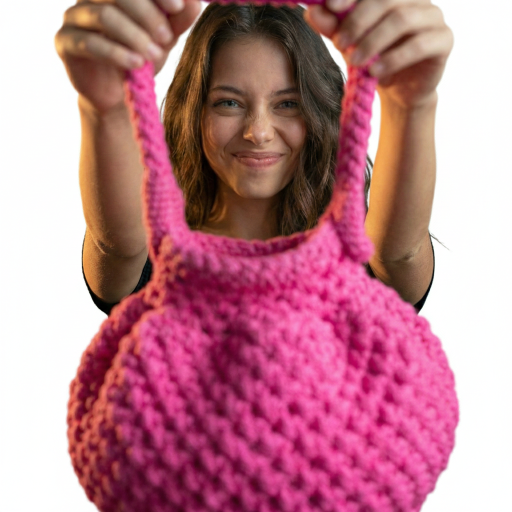 Woman holding a pink macrame basket bag with a cheerful smile, showcasing its unique design
