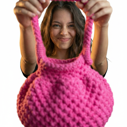Woman holding a pink macrame basket bag with a cheerful smile, showcasing its unique design