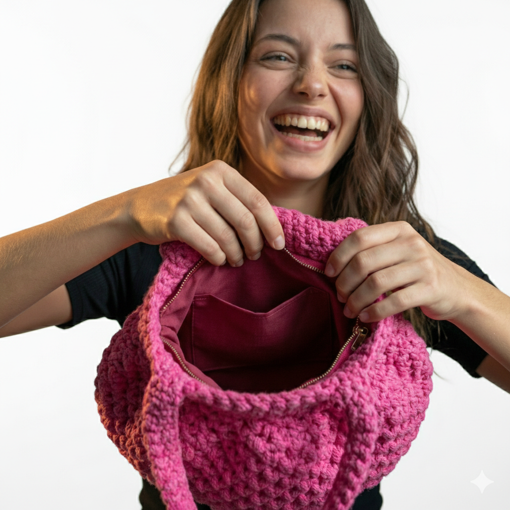 Happy woman showcasing a pink macrame basket bag with an inner pocket for stylish organization