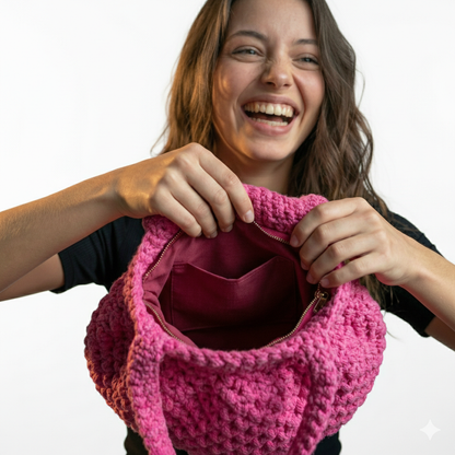 Happy woman showcasing a pink macrame basket bag with an inner pocket for stylish organization