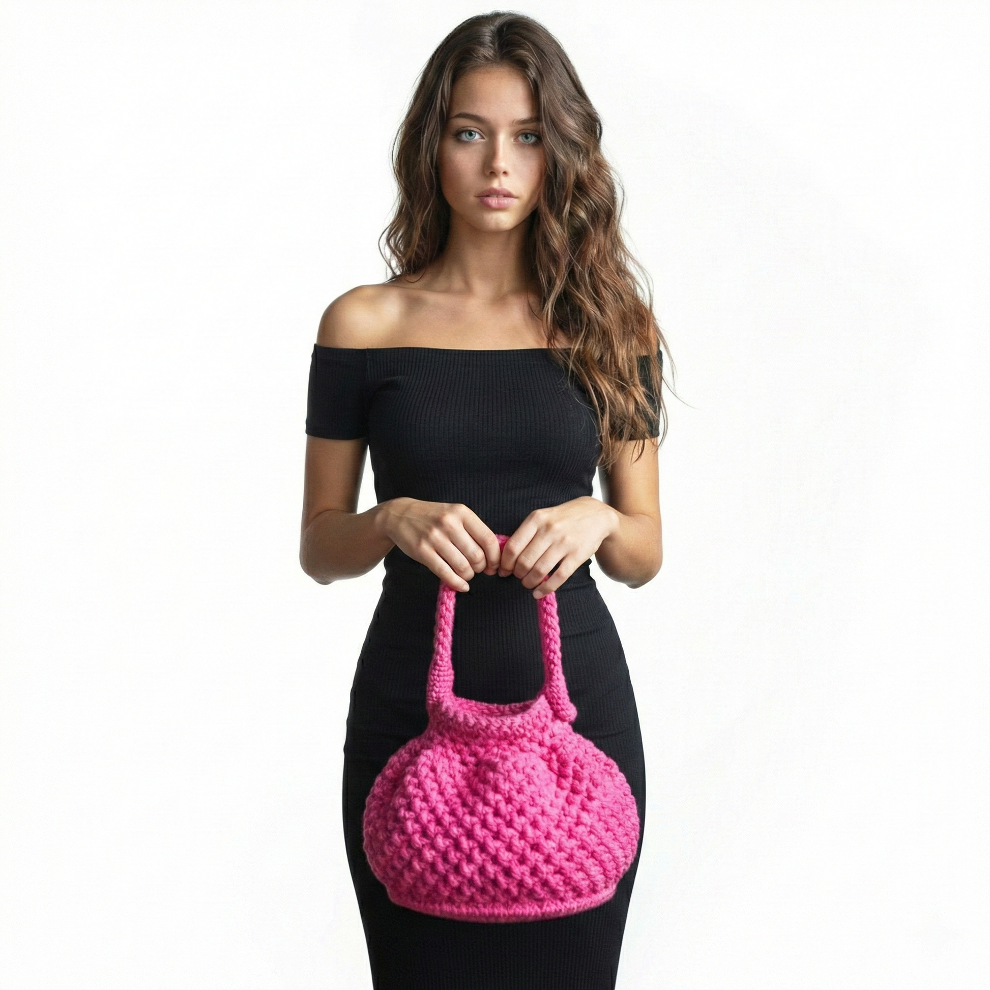 Stylish woman holding a pink macrame basket bag for a trendy summer look