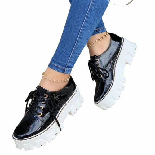 Shophouse Northwest platform oxford shoes for women in black glossy finish with chunky white soles