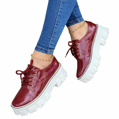 Shophouse Northwest platform oxford shoes for women in glossy burgundy with chunky white sole