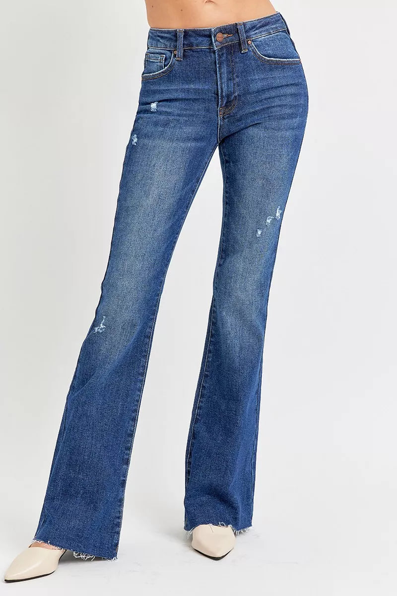 Trendsi plus size distressed flare jeans in dark denim with a stylish design for trendy outfits