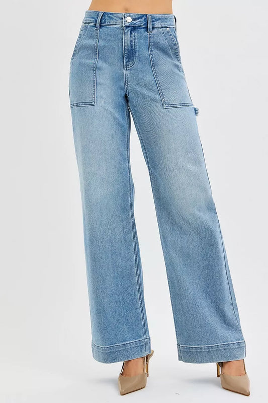 Trendsi plus size high rise straight leg jeans in light blue with wide legs and classic denim style