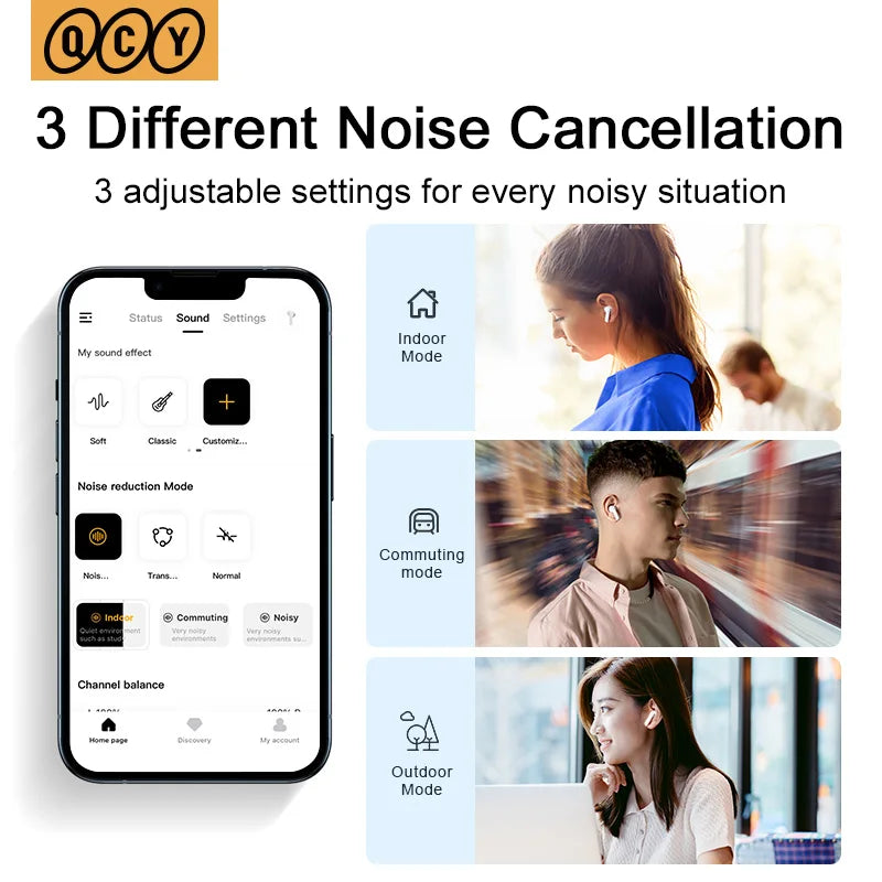Bluetooth 5.2 noise cancelling earphone earbuds showing app interface and 3 modes indoor commuting outdoor