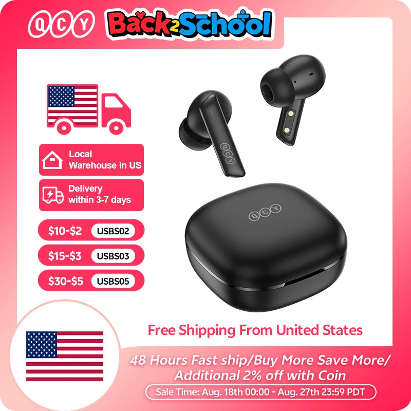 Shophouse Northwest Bluetooth 5.2 noise cancelling earphone black wireless earbuds with charging case and US free shipping badge