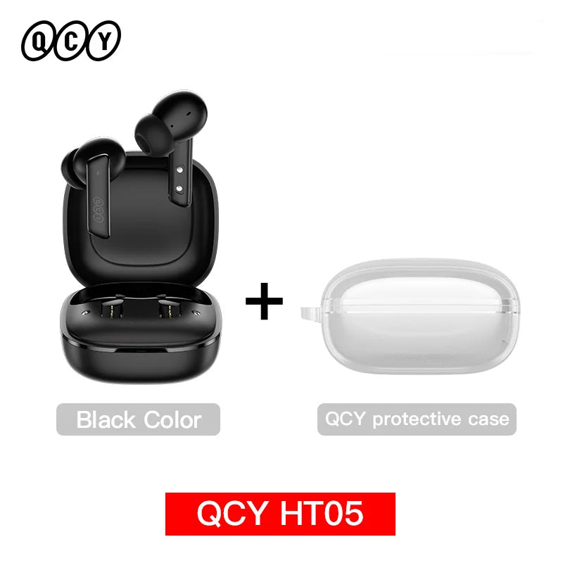 Shophouse Northwest QCY HT05 black earbuds in open charging case with clear case Bluetooth 5.2 noise cancelling earphone