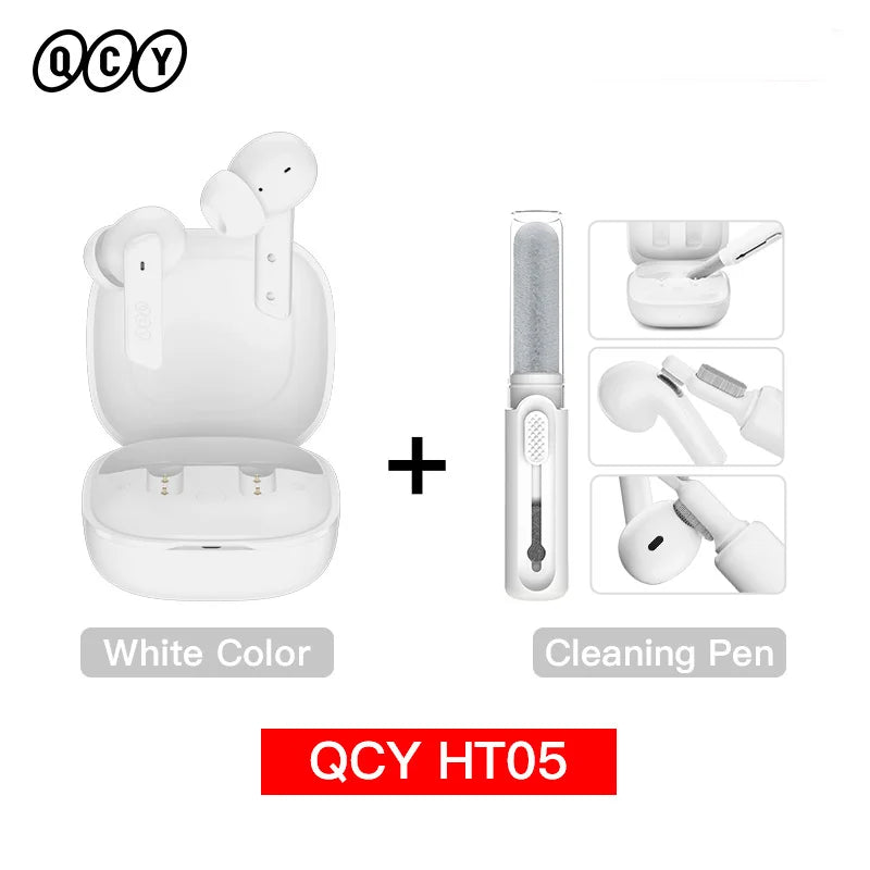 Shophouse Northwest QCY HT05 white earbuds in open case with cleaning pen Bluetooth 5.2 noise cancelling earphone