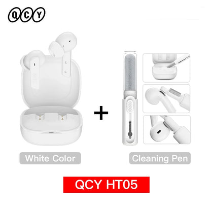Shophouse Northwest QCY HT05 white earbuds in open case with cleaning pen Bluetooth 5.2 noise cancelling earphone
