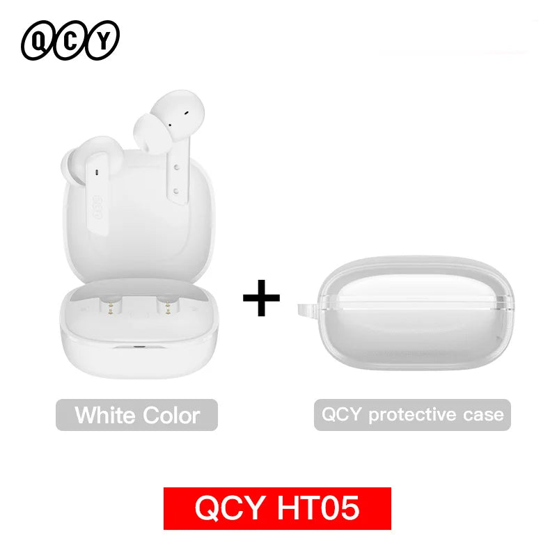 Shophouse Northwest QCY HT05 white earbuds with charging case and clear protective case Bluetooth 5.2 noise cancelling earphone