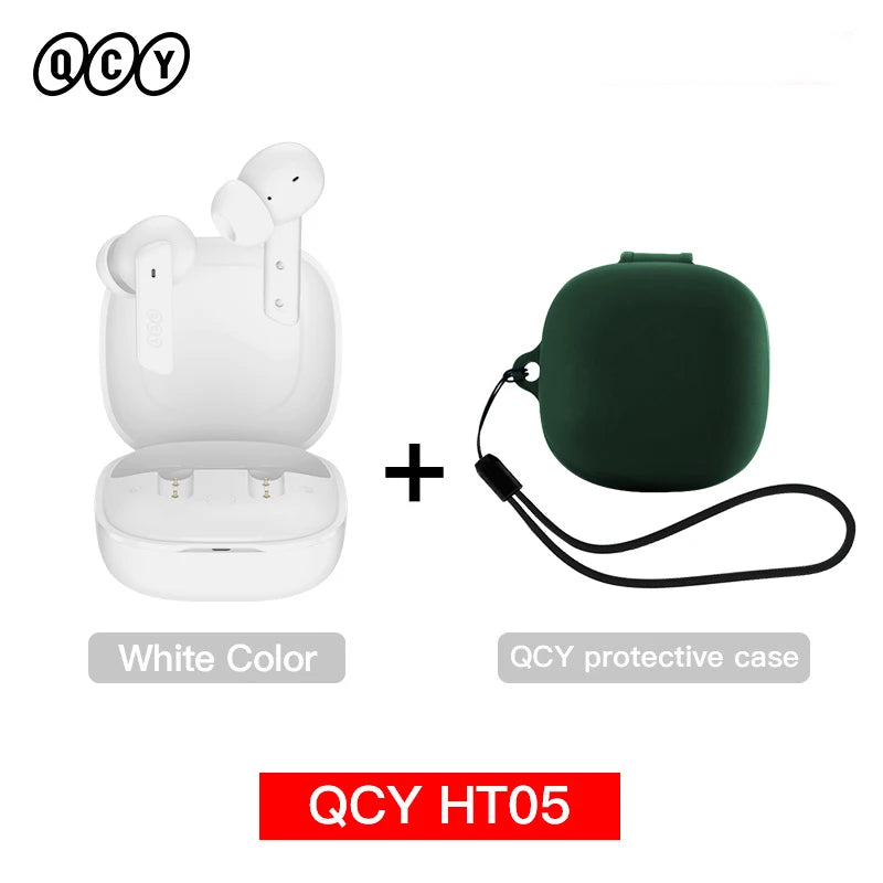 QCY HT05 white earbuds in open charging case with green protective case Bluetooth 5.2 noise cancelling earphone