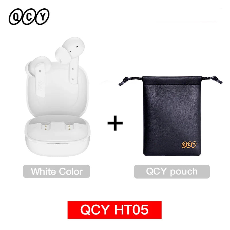 Shophouse Northwest QCY HT05 white earbuds in open charging case with QCY pouch Bluetooth 5.2 noise cancelling earphone