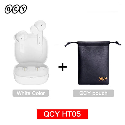 Shophouse Northwest QCY HT05 white earbuds in open charging case with QCY pouch Bluetooth 5.2 noise cancelling earphone