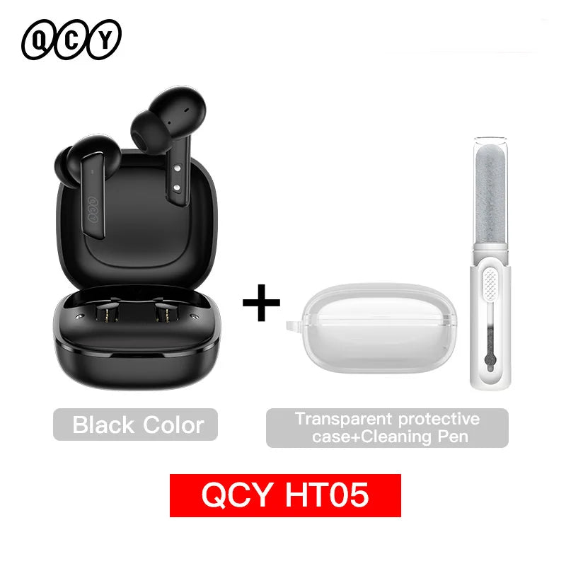 QCY HT05 black earbuds in charging case with transparent protective case and cleaning pen Bluetooth 5.2 noise cancelling earphone