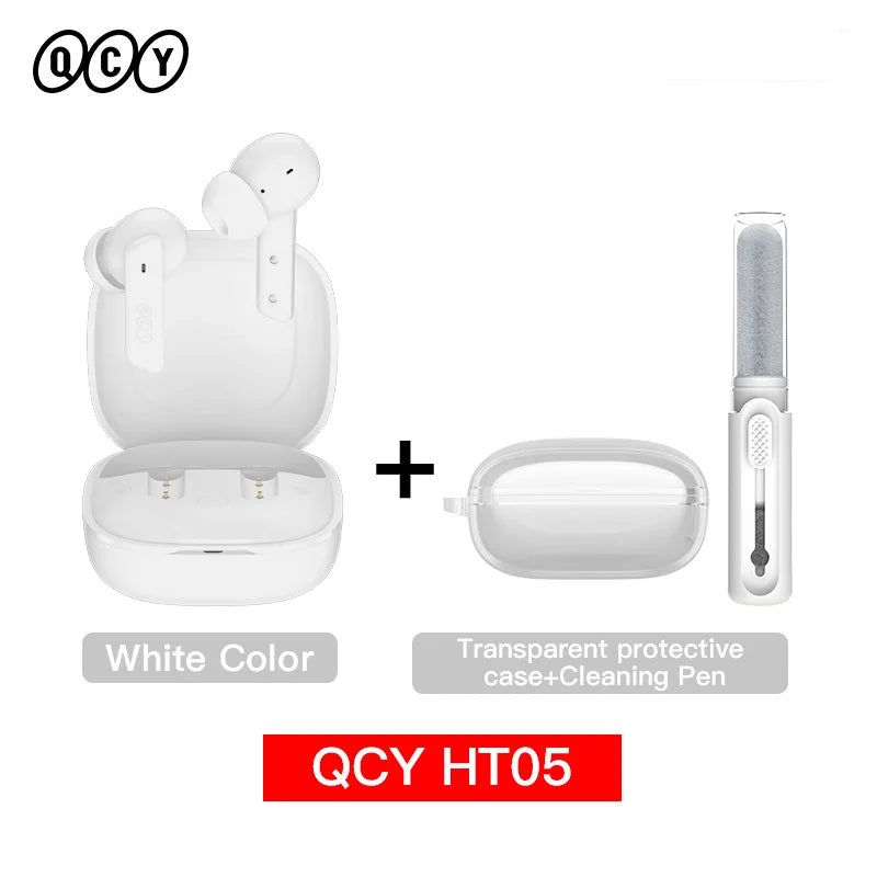 Shophouse QCY HT05 white earbuds in charging case with clear case and cleaning pen Bluetooth 5.2 noise cancelling earphone