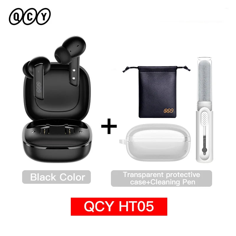 QCY HT05 black earbuds with charging case pouch clear protective case and cleaning pen Bluetooth 5.2 noise cancelling earphone