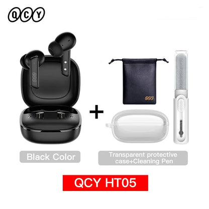 QCY HT05 black earbuds with charging case pouch clear protective case and cleaning pen Bluetooth 5.2 noise cancelling earphone