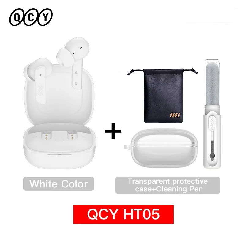 Shophouse Northwest QCY HT05 white earbuds with charging case and pouch Bluetooth 5.2 noise cancelling earphone