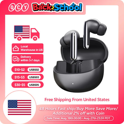 QCY MeloBuds Pro ANC earbuds black in open charging case with US free shipping badge