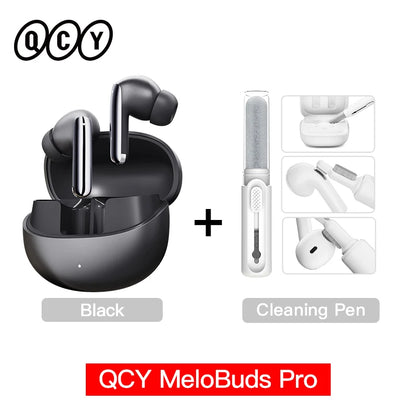 Shophouse Northwest black QCY MeloBuds Pro ANC earbuds in open charging case with cleaning pen kit