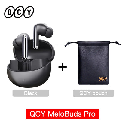 QCY MeloBuds Pro ANC earbuds in black with charging case and leather pouch by Shophouse Northwest
