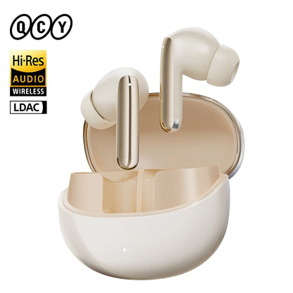 QCY MeloBuds Pro ANC earbuds beige wireless earbuds with charging case open Hi Res LDAC audio