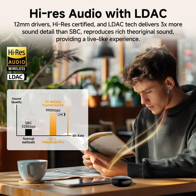 Shophouse Northwest QCY MeloBuds Pro ANC earbuds worn by man reading at a table with charging case and LDAC Hi Res audio