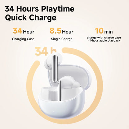 QCY MeloBuds Pro ANC earbuds in white with open charging case and 34 hours playtime quick charge features