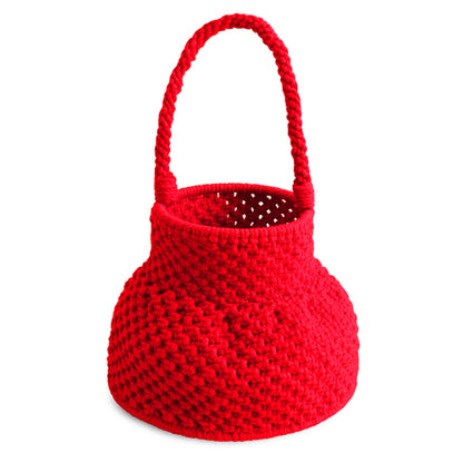 Red macrame basket bag with a woven design and sturdy handle for stylish storage.
