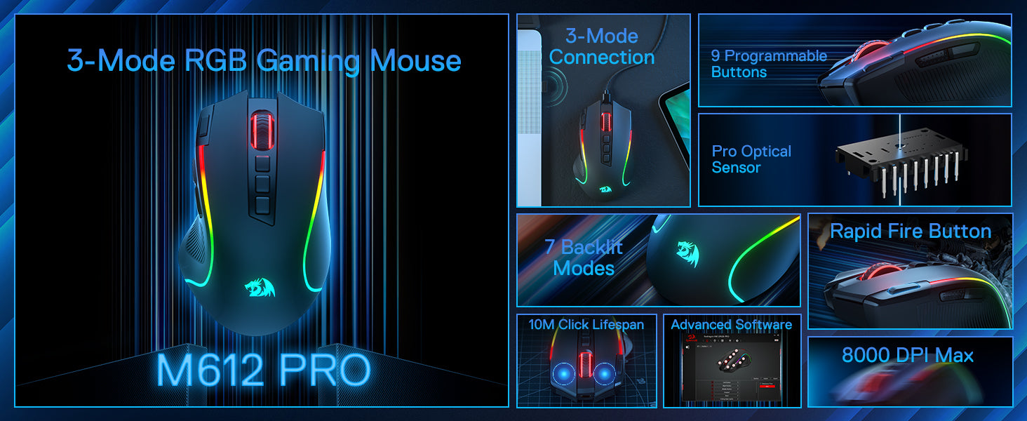 Shophouse Northwest M612 PRO 8000 DPI optical gaming mouse with RGB lighting and 9 programmable buttons