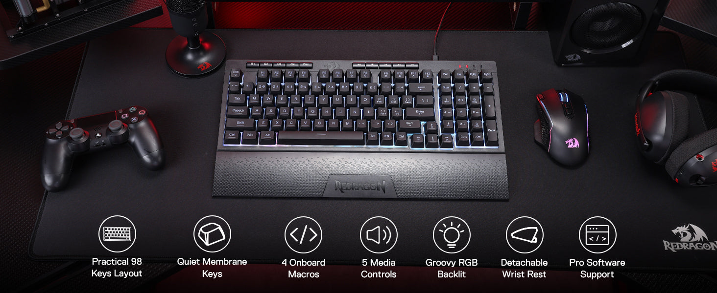Redragon K515 Shiva gaming keyboard with 98 keys layout and RGB backlit on black desk setup