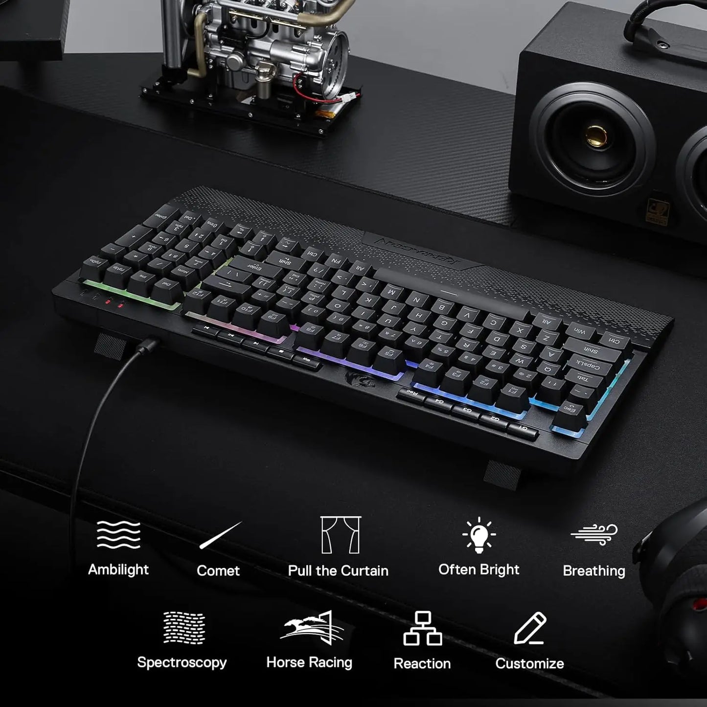 Redragon K515 Shiva gaming keyboard with RGB lighting and customizable keys on a black desk setup