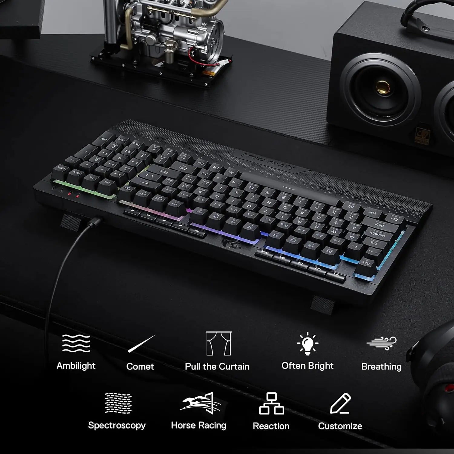 Redragon K515 Shiva gaming keyboard with RGB lighting and customizable keys on a black desk setup