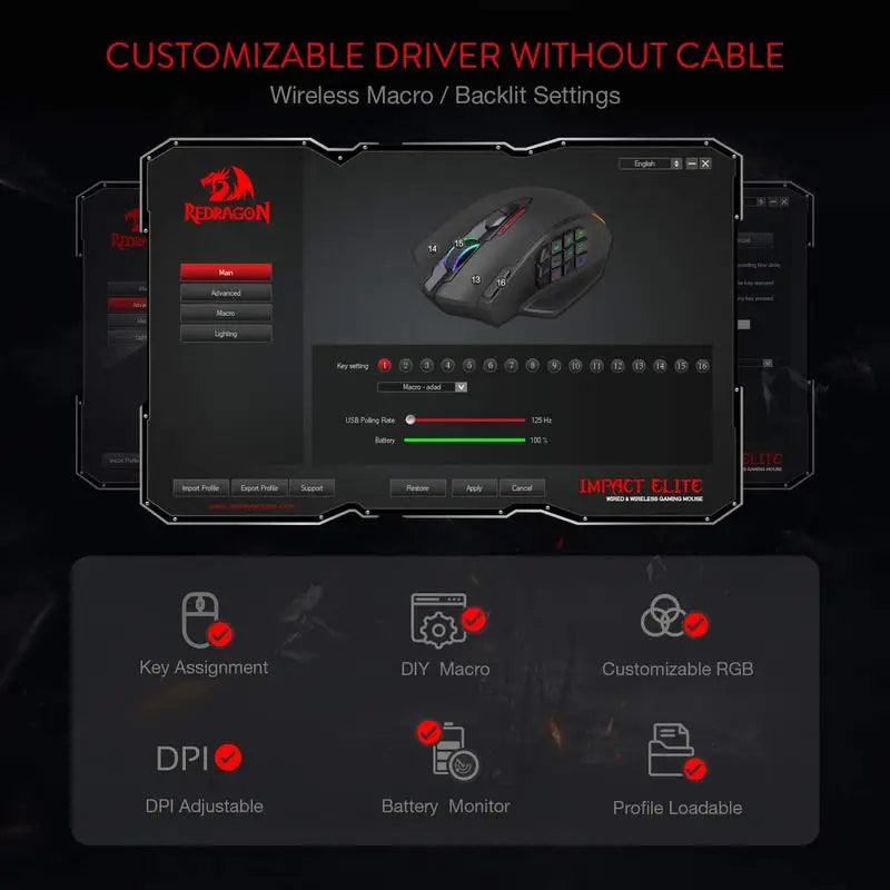 Shophouse Northwest product showing Redragon 16000 DPI RGB optical mouse with customizable driver UI and macro RGB settings