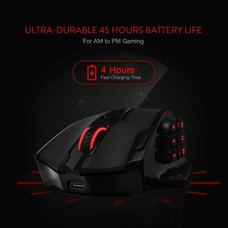 Redragon 16000 DPI RGB optical mouse black gaming mouse with red lighting side macro keypad USB C port