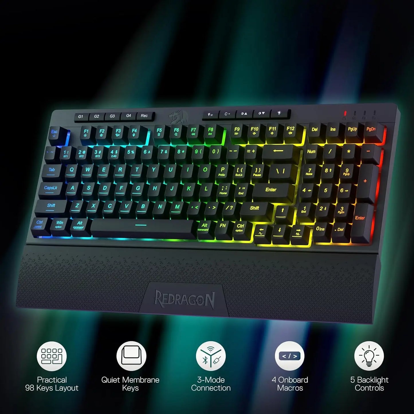 Redragon K515 PRO wireless gaming keyboard RGB backlit black membrane with textured wrist rest
