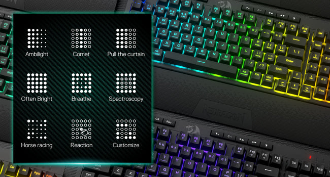 Shophouse Northwest Redragon K515 PRO wireless gaming keyboard showing RGB backlight and lighting mode icons